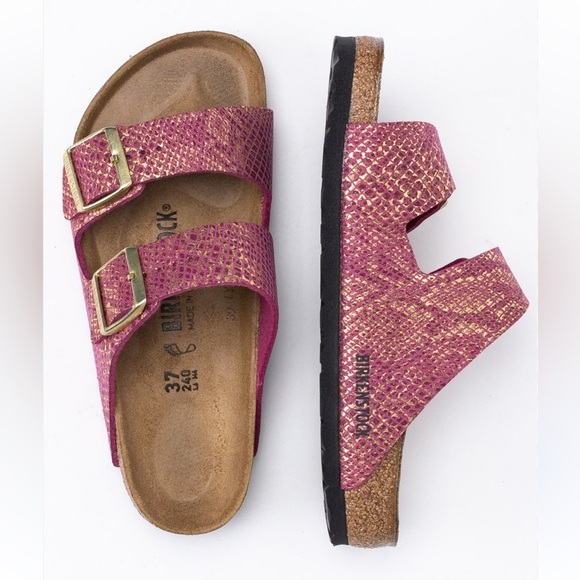 BIRKENSTOCK Arizona Shiny Python Sandals in Dark Fuchsia - Picture 2 of 12
